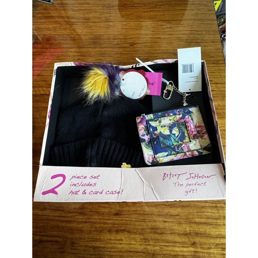 Betsey Johnson 2pc Set Black Knit Pom Beanie & Floral ID Card Case BG400HXT